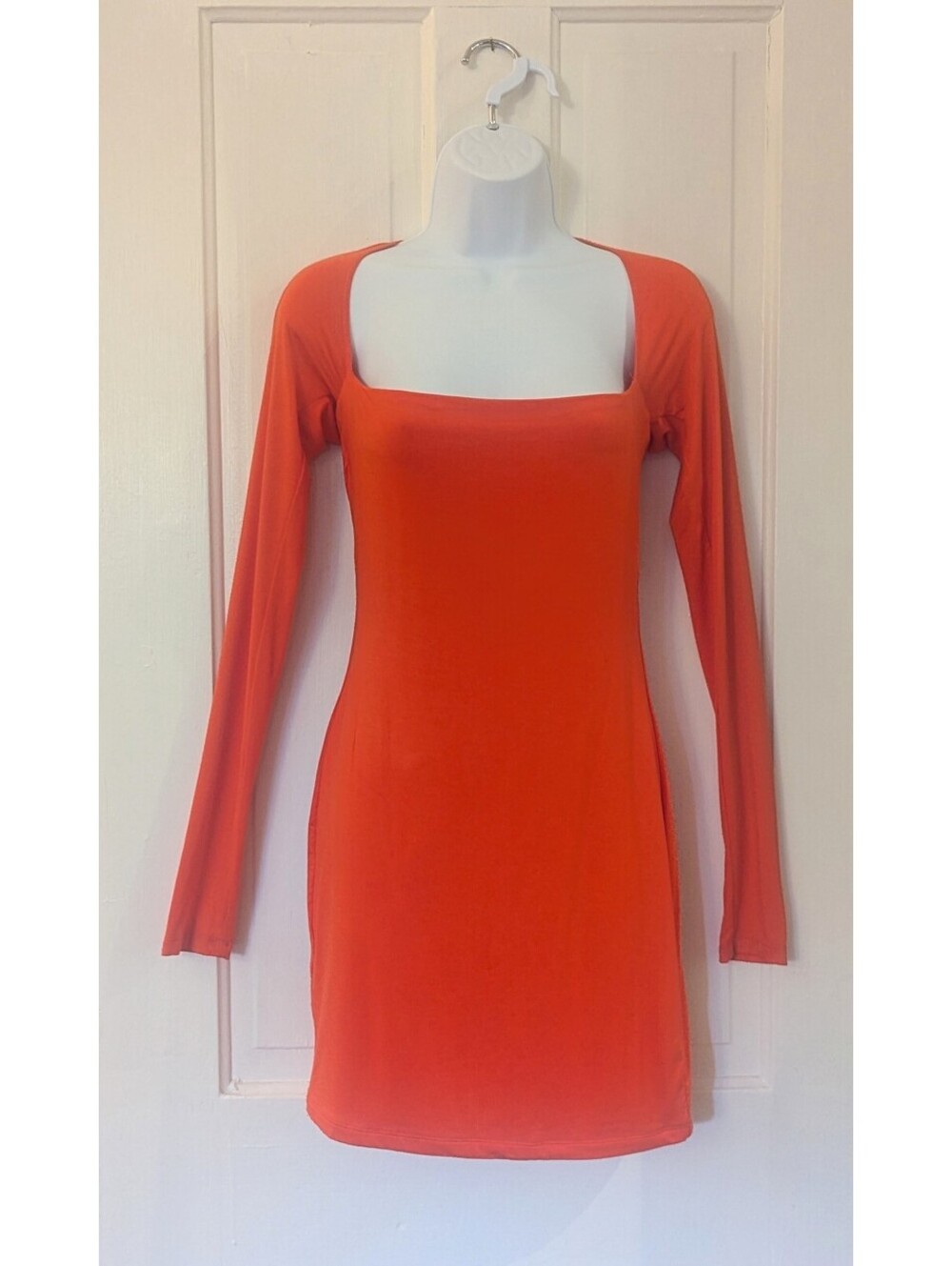 NWT NAKED WARDROBE RED ORANGE SQUARE NECK BODYCON MINI DRESS LONG SLEEVE | SZ L